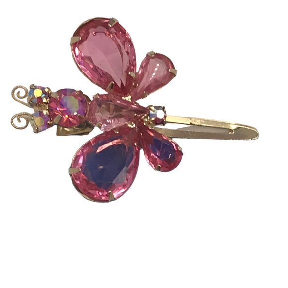Gold Tone Pink Prong Set Rhinestone Butterfly Hair Clip, M123 main image 3